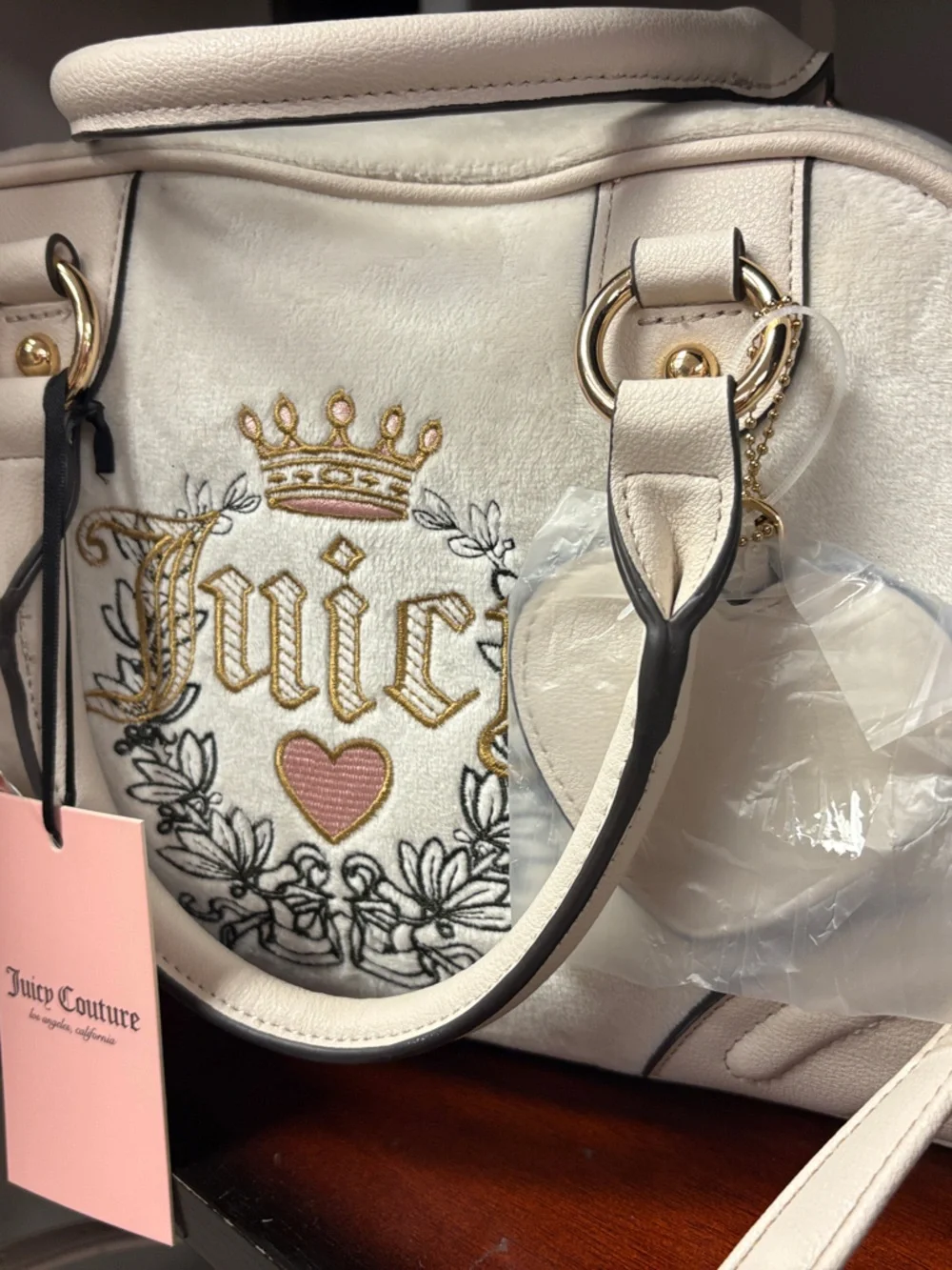 Juicy Couture Cream Embroidered Logo Satchel with Gold Accents